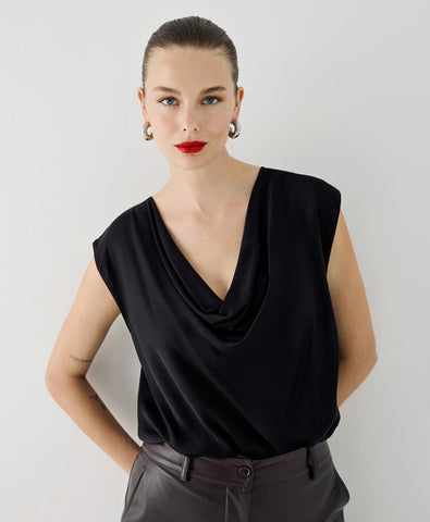 Image of Sleeveless Top with a Draped Neckline-Black