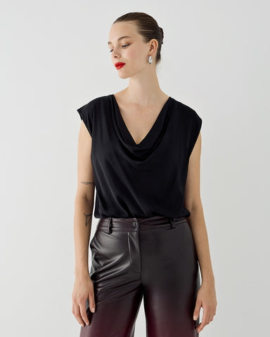 Image of Sleeveless Top with a Draped Neckline-Black