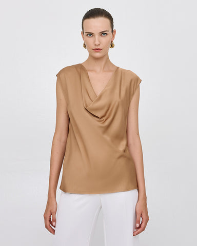 Image of Sleeveless Top with a Draped Neckline- Gold