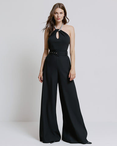 Image of Jumpsuit with Rhinestone-Adorned Neckline