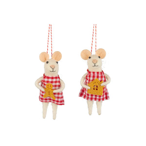 2 Felt Mice Ornament Red Gingham Dress