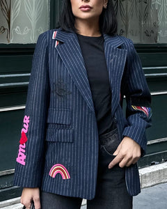 Funky (Love) Oversized Embroidered Striped Jacket Navy