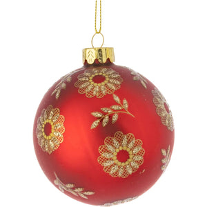 Matte Red Glass Ball,Glittered Gold Lacy Flowers Ornament