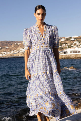 Image of V-Neck Cuffed Maxi- Veranda Blue