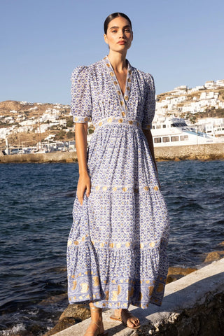 Image of V-Neck Cuffed Maxi- Veranda Blue