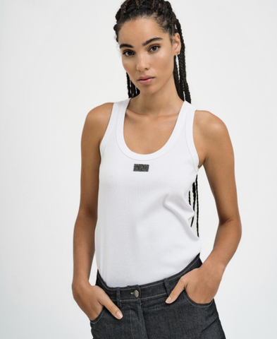 Image of Ribbed Sleeveless Top Rhinestones-White