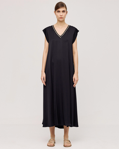 Image of Satin Dress With Ribbed Details-Black