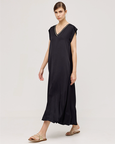 Image of Satin Dress With Ribbed Details-Black