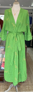 Embroidered Linen Gauze Kimono with Batwing Sleeves- Avocado Green SALE