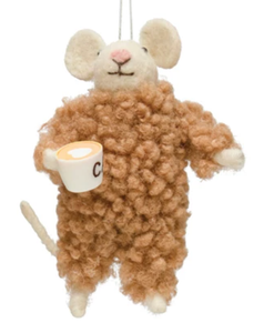 4"H Wool Felt Mouse in Pajamas Ornament - Coffee