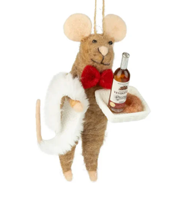 Felt Waiter Mouse With Red Bowtie Holding Wine Tray Ornament