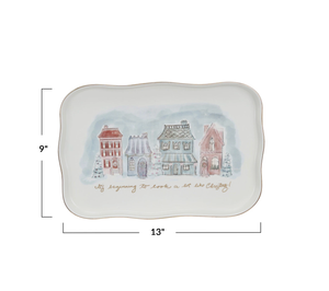 Stoneware Platter w/ Village Christmas Scene & Gold Electroplating