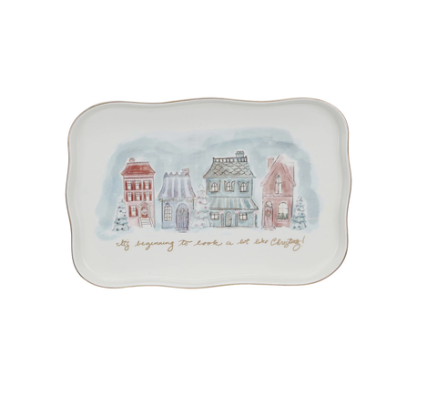 Stoneware Platter w/ Village Christmas Scene & Gold Electroplating