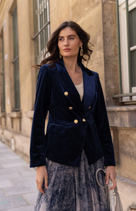 Velvet Blazer Jacket with Gold Buttons- Blue