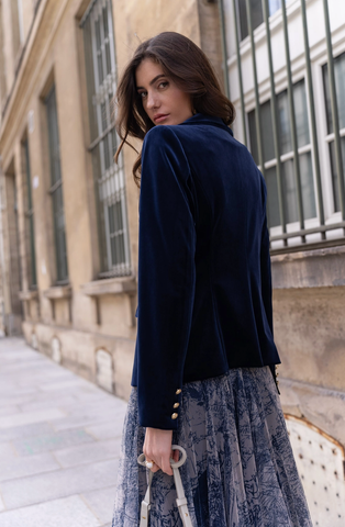 Velvet Blazer Jacket with Gold Buttons- Blue