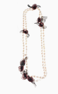 150 cm Long Necklace with Cultured Pearls Flowers- Garnet