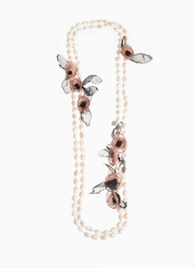 150 cm Long Necklace with Cultured Pearls Flowers- Taupe