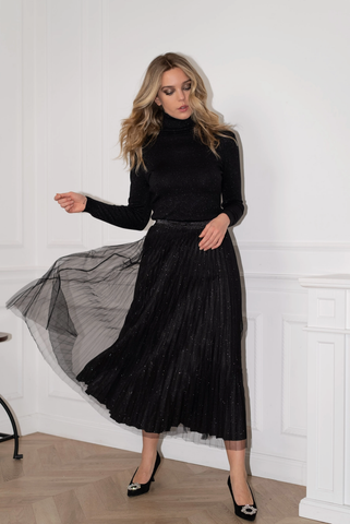 Image of Shiny Pleated Tulle Skirt with Shiny Lining