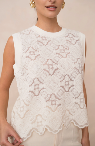 Semi-Transparent Embroidered Lace Top-White