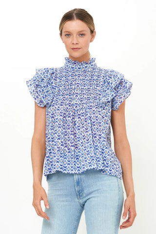 Image of Pintuck Ruffle Top- Veranda Blue