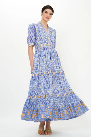 Image of V-Neck Cuffed Maxi- Veranda Blue